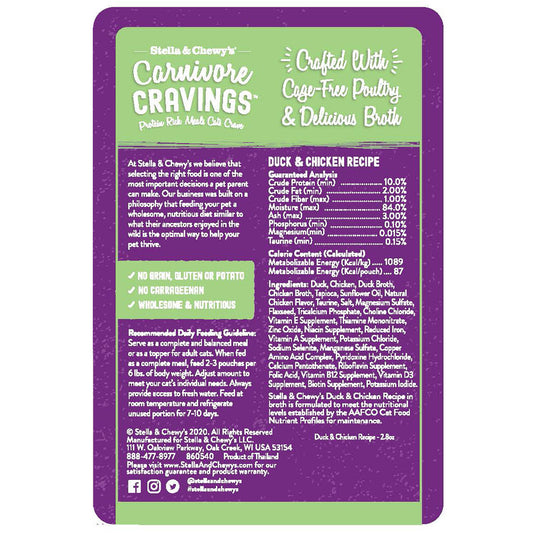 Stella & Chewy's Carnivore Cravings Duck & Chicken Recipe cat food pouch with purple and green branding.