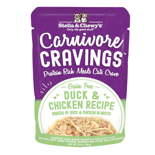 Stella & Chewy's Carnivore Cravings Duck & Chicken Recipe cat food pouch with shredded meat in broth.