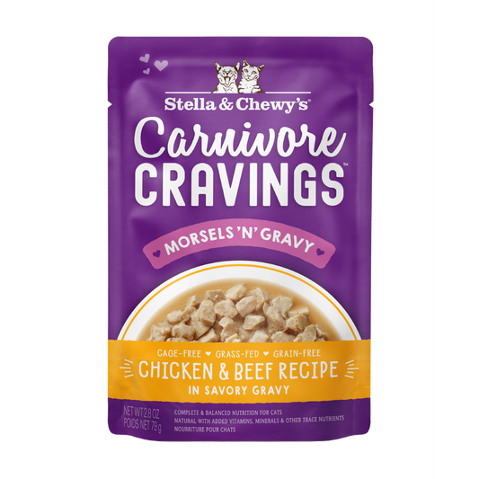 Purple Stella & Chewy's cat food pouch with chicken & beef morsels in gravy.