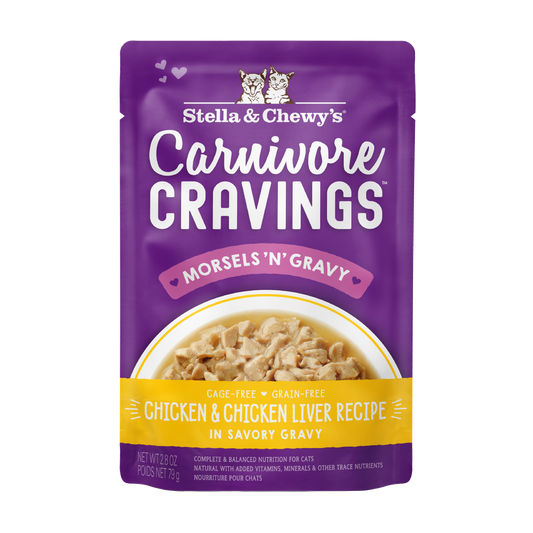 Stella & Chewy's Carnivore Cravings Chicken & Chicken Liver cat food pouch, purple with a bowl of morsels in gravy.