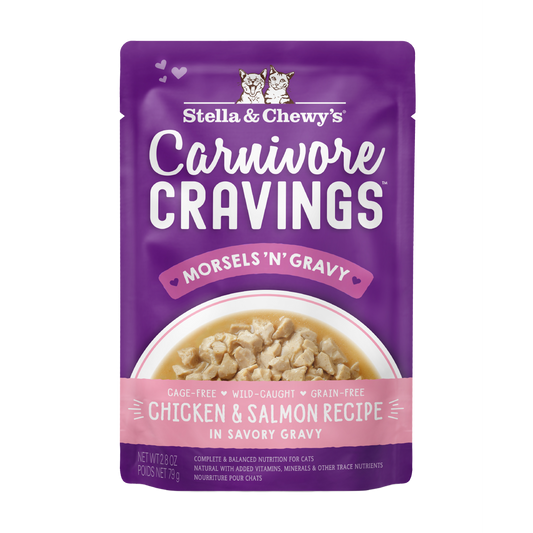 Stella & Chewy's Carnivore Cravings Chicken & Salmon Morsels'N'Gravy cat food pouch, purple with a bowl of food.