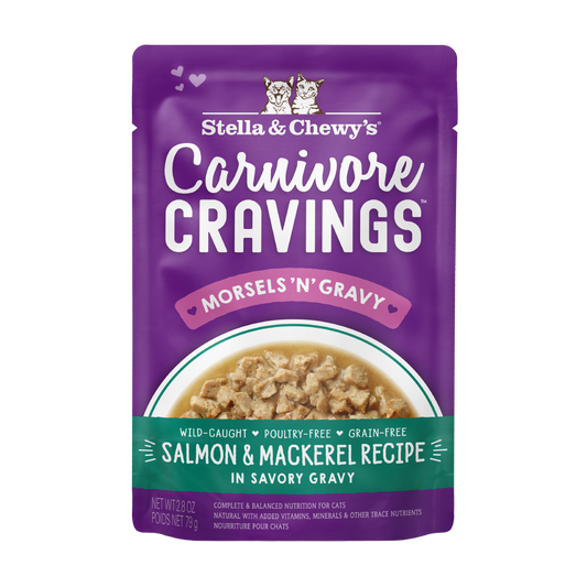 Stella & Chewy's Carnivore Cravings Salmon & Mackerel cat food pouch with morsels in gravy.