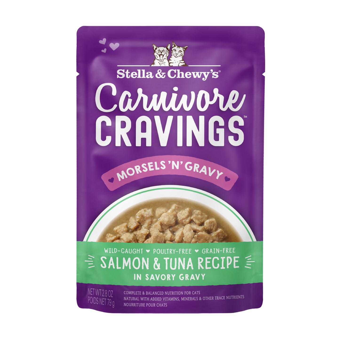 Purple pouch of Stella & Chewy's Carnivore Cravings Salmon & Tuna Morsels 'N' Gravy cat food.