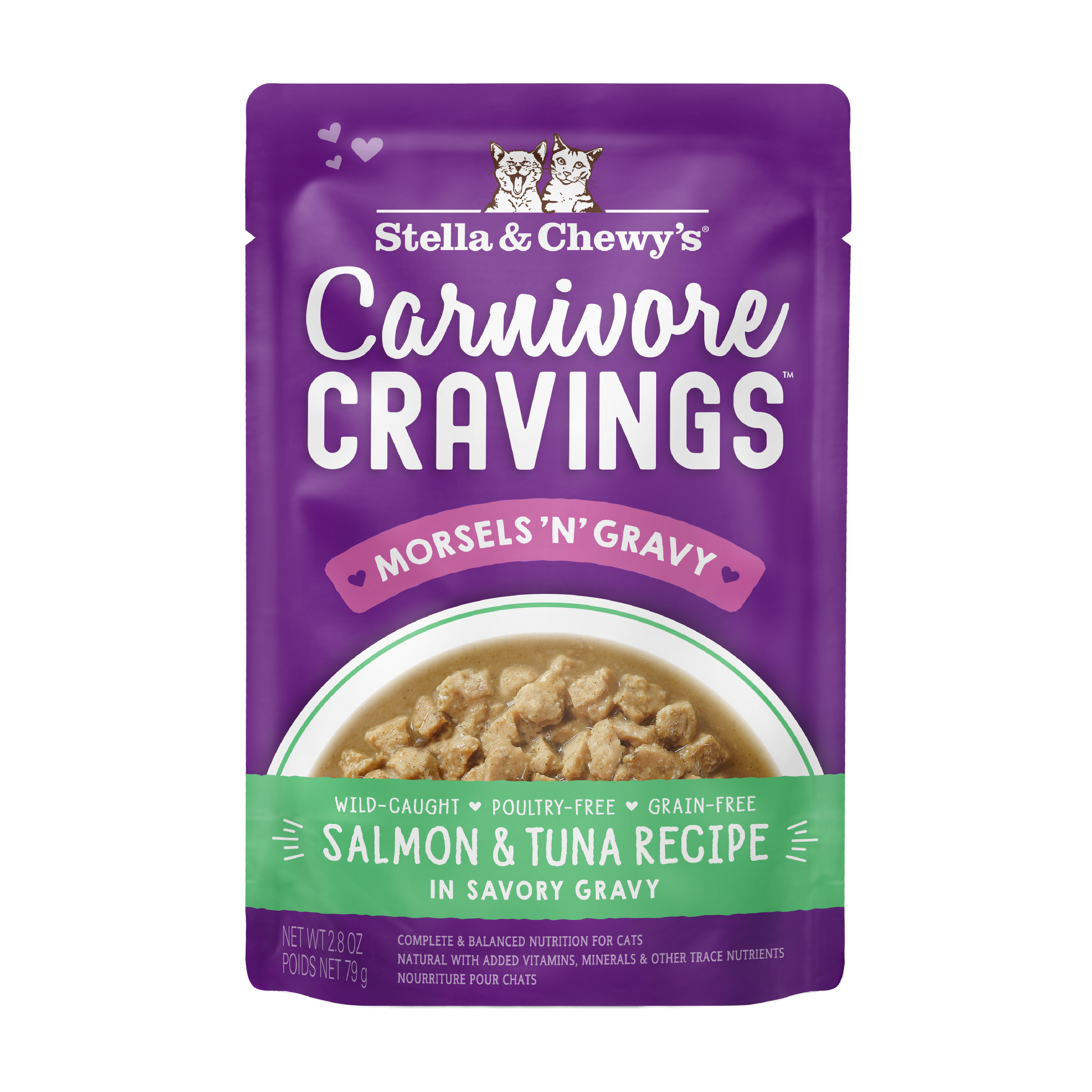 Purple pouch of Stella & Chewy's Carnivore Cravings Salmon & Tuna Morsels 'N' Gravy cat food.
