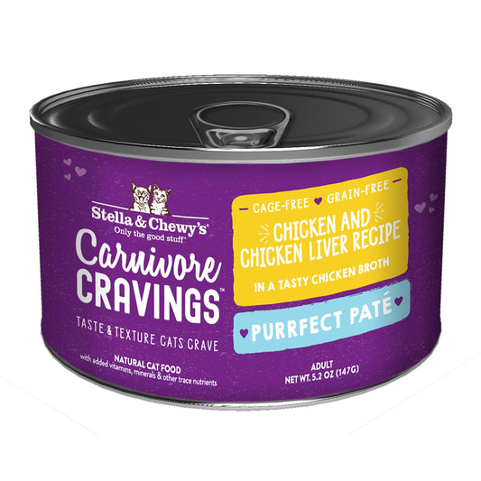 Stella & Chewy's Carnivore Cravings Purrfect Pate cat food can, purple label with yellow and blue accents.