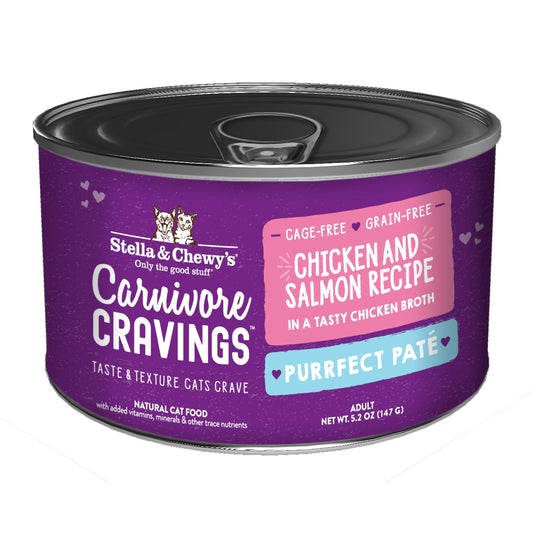 Stella & Chewy's Purrfect Paté chicken & salmon cat food can with purple label and hearts.