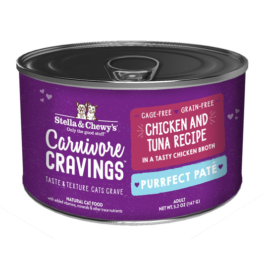 Purple Stella & Chewy's Purrfect Paté can, Chicken and Tuna in Broth, 5.2 oz.