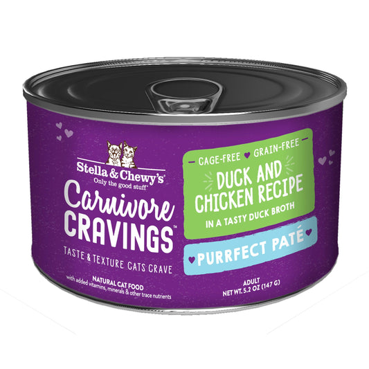 Stella & Chewy's Purrfect Pate cat food can, purple label with green and blue accents, Duck and Chicken recipe.