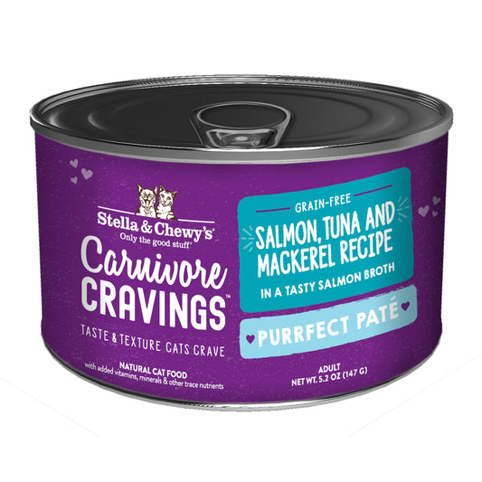 Purple Stella & Chewy's Purrfect Paté cat food can, Salmon, Tuna & Mackerel in Broth, 5.2 oz.