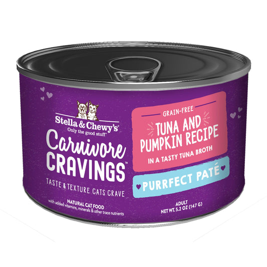 Stella & Chewy's Carnivore Cravings Purrfect Pate Tuna & Pumpkin cat food can with purple label.
