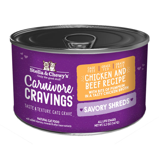 Stella & Chewy's Carnivore Cravings Savory Shreds purple can, chicken & beef recipe, 5.2 oz.