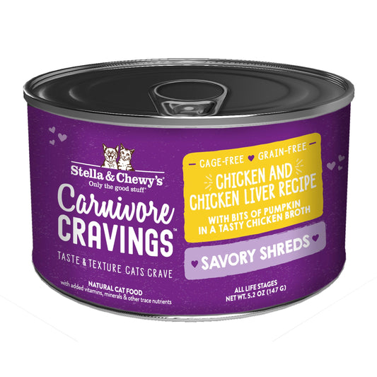 Purple Stella & Chewy's Carnivore Cravings Savory Shreds cat food can with chicken & chicken liver recipe.