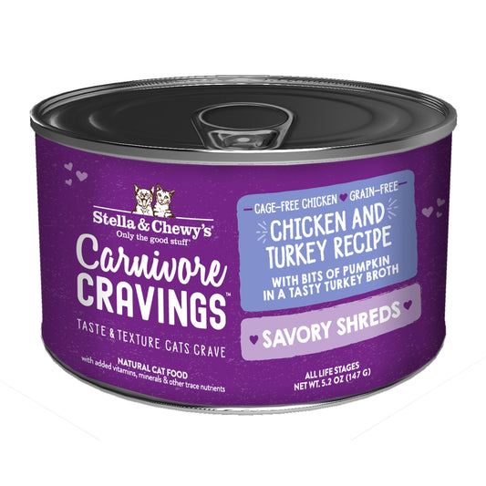 Stella & Chewy's Carnivore Cravings Savory Shreds cat food can, purple label, chicken & turkey recipe.