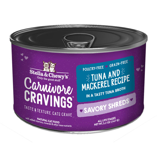 Purple Stella & Chewy's Carnivore Cravings Savory Shreds cat food can, Tuna and Mackerel in Broth, 5.2 oz.