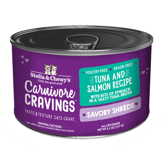 Purple Stella & Chewy's Carnivore Cravings Savory Shreds cat food can, Tuna and Salmon recipe.