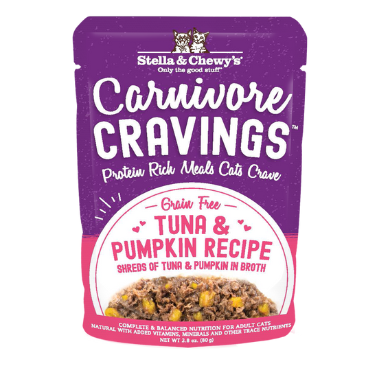 Stella & Chewy's Carnivore Cravings Tuna & Pumpkin Recipe cat food pouch with shredded tuna and pumpkin.