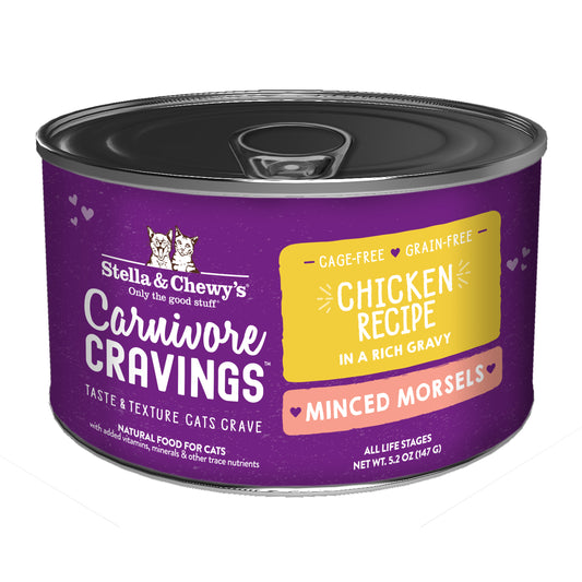 Purple Stella & Chewy's Carnivore Cravings Minced Morsels Chicken Recipe cat food can with a silver lid.