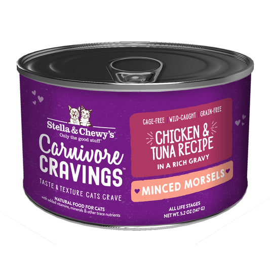 Stella & Chewy's Carnivore Cravings Chicken & Tuna Minced Morsels cat food can, purple with pink accents.