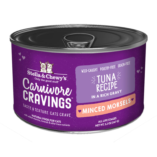 Stella & Chewy's Carnivore Cravings Tuna Recipe Minced Morsels cat food can, purple with silver lid.