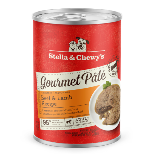 Stella & Chewy's Gourmet Pâté Beef & Lamb Recipe dog food can with a serving on a white plate.