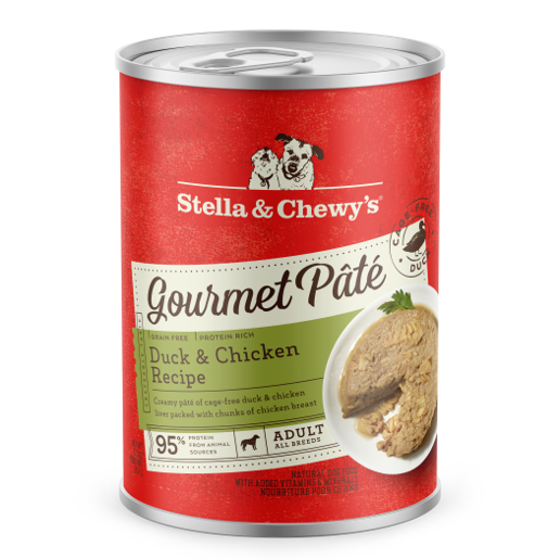 Stella & Chewy's red can of Gourmet Pâté Duck & Chicken Recipe dog food with a serving on a white plate.