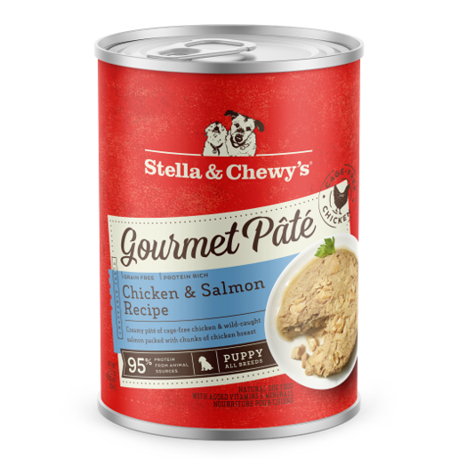 Stella & Chewy's red can of Gourmet Pâté Puppy Chicken & Salmon Recipe dog food.
