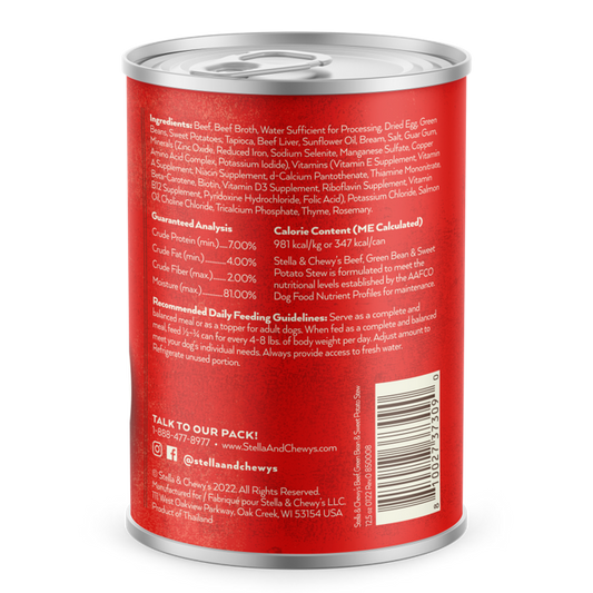 Stella & Chewy's Gourmet Stew for Dogs, red and silver can with ingredient label.
