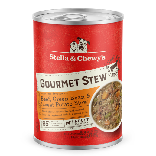 Stella & Chewy's Gourmet Stew for Dogs, red can with beef, green bean & sweet potato stew.