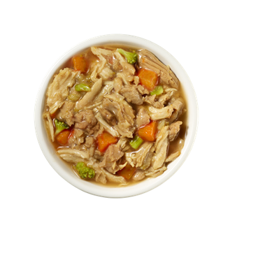 Stella & Chewy's chicken, carrot & broccoli gourmet dog stew in a white bowl.