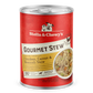 Red Stella & Chewy's Gourmet Stew dog food can with chicken, carrot & broccoli, and a bowl of stew.