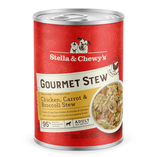 Red Stella & Chewy's Gourmet Stew dog food can with chicken, carrot & broccoli, and a bowl of stew.
