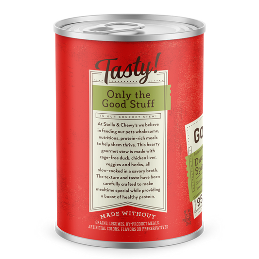 Stella & Chewy's red can of Gourmet Stew for Dogs, Duck, Carrot & Spinach, with white and green labels.