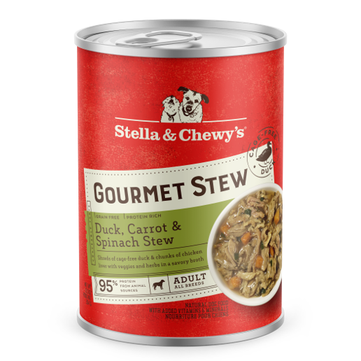 Stella & Chewy's Gourmet Stew for Dogs, red can with duck, carrot & spinach stew.