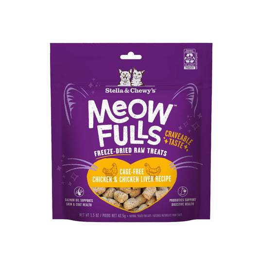 Purple pouch of Stella & Chewy's Meowfulls Freeze-Dried Raw Cat Treats, Chicken & Chicken Liver Recipe.