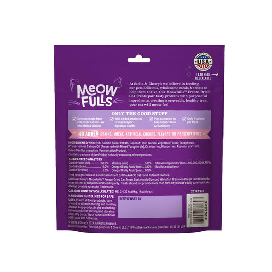 Purple Stella & Chewy's Meowfulls cat treats bag with whitefish & salmon recipe, "Made in USA" seal.