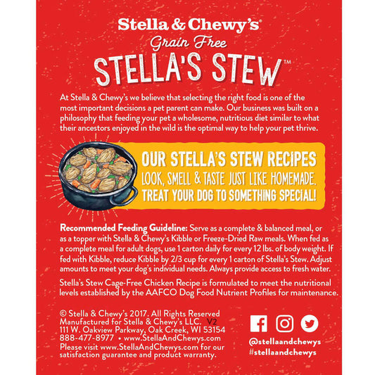 Stella & Chewy's Stella's Stew Grain-Free dog food carton with chicken, carrots, and kale.