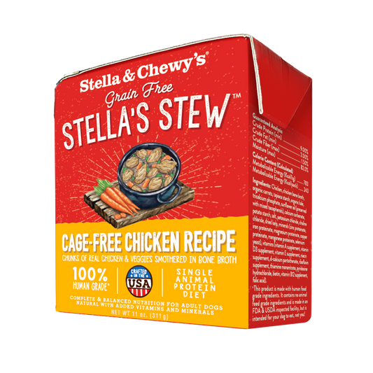 Red Stella & Chewy's Stella's Stew Grain Free Cage-Free Chicken Recipe wet dog food carton with carrots.