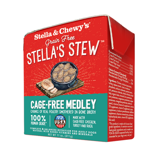 Red Stella & Chewy's Stella's Stew Grain Free dog food carton with a bowl of stew and bread.