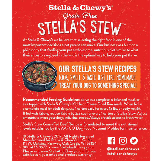 Stella & Chewy's Stew Grass-fed Beef Dog Food carton with red background and product details.