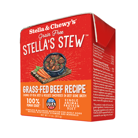 Red carton of Stella & Chewy's Grass-Fed Beef Stew dog food with a bowl of stew, carrots, and ingredients listed.