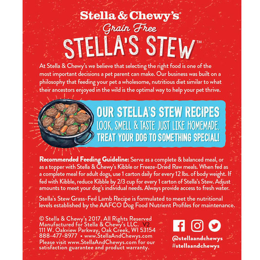 Stella & Chewy's Grain Free Stella's Stew dog food, red background with white text and a blue pot of stew.