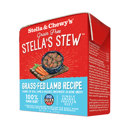 Stella & Chewy's red carton of Grass-Fed Lamb Recipe wet dog food with stew and carrots.