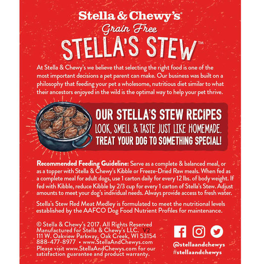 Stella & Chewy's Stew Red Meat Medley wet dog food in a black bowl on a red background.