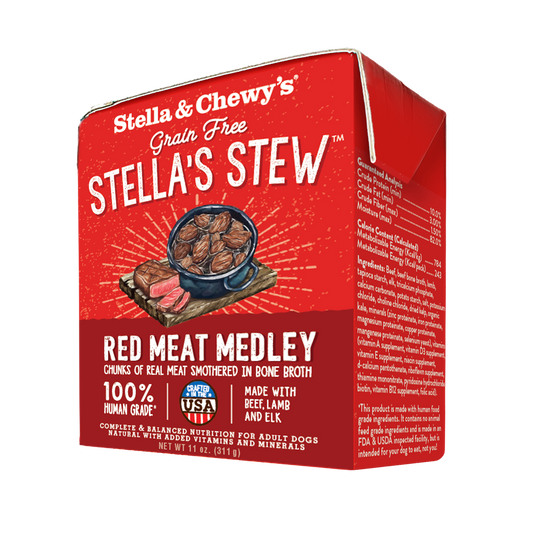 Red Stella & Chewy's Stew wet dog food carton with "Red Meat Medley" and a bowl of stew.