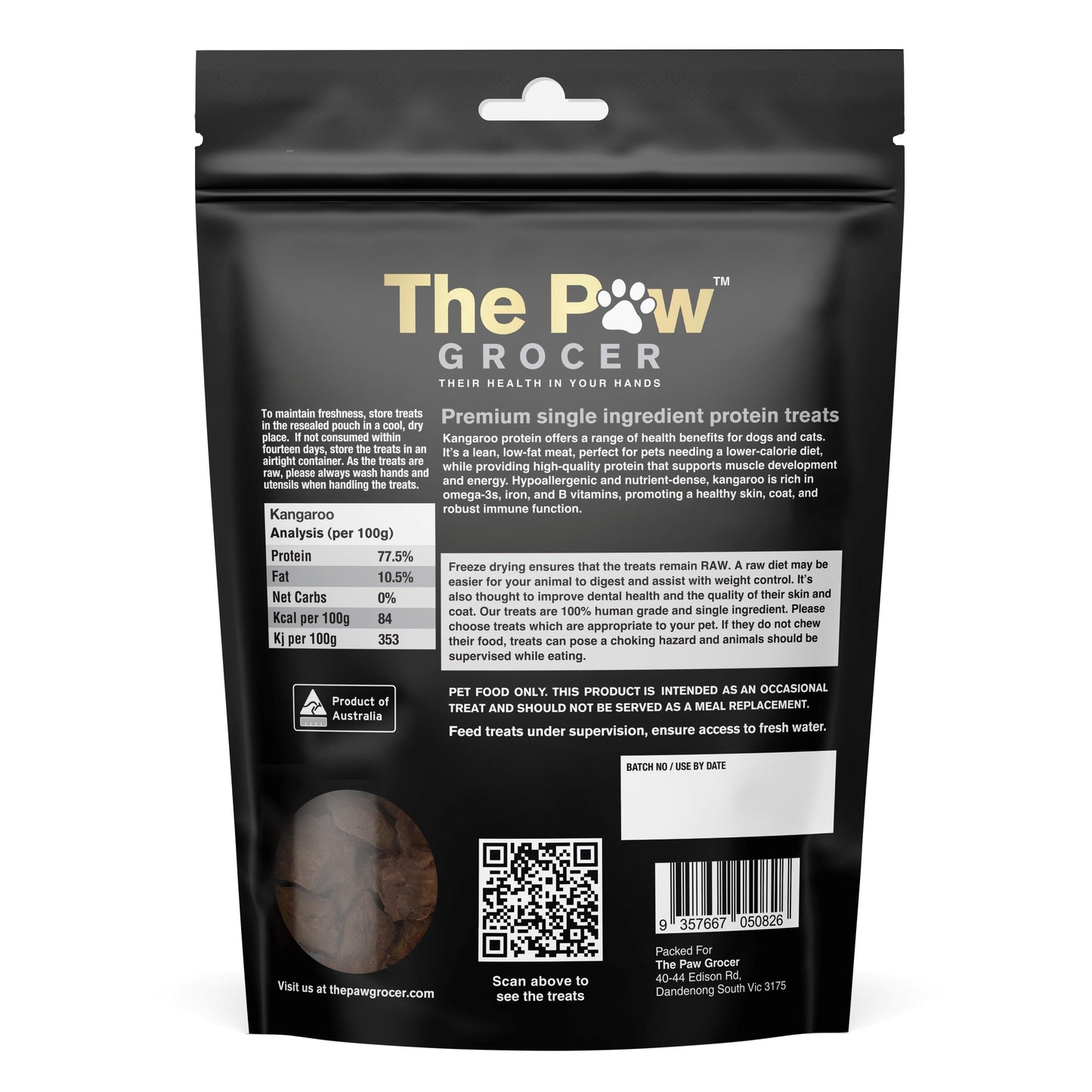 Black matte pouch of The Paw Grocer Kangaroo Freeze-Dried Treats, showing product details and a small window of treats.