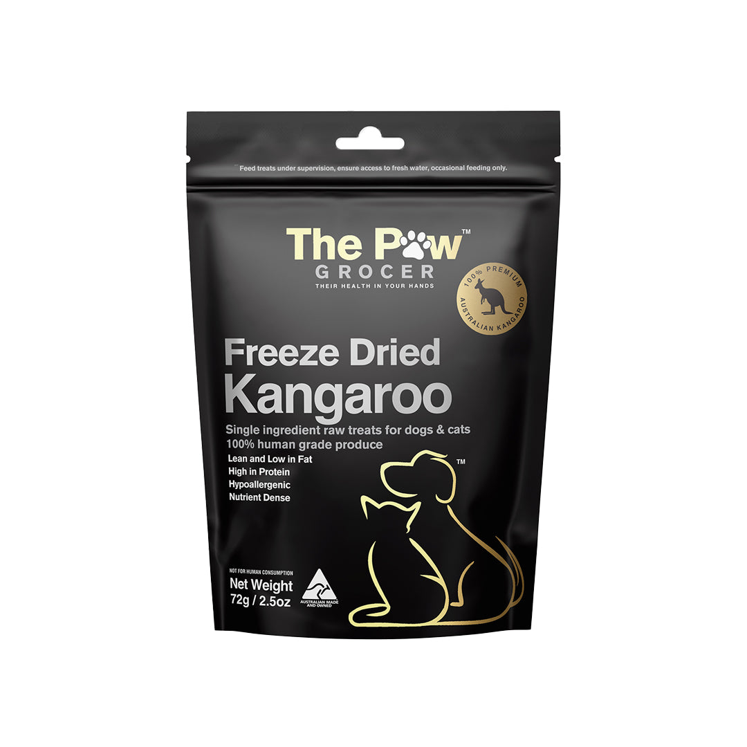 Black matte pouch of The Paw Grocer Freeze Dried Kangaroo treats for dogs & cats, 72g.