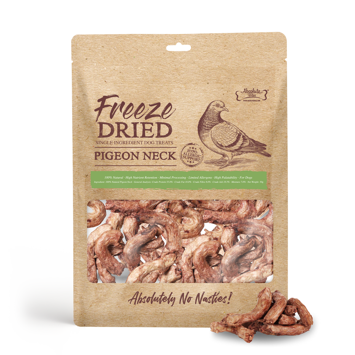 Absolute Bites Single Ingredient Freeze Dried Treats For Dogs - Pigeon Neck (50g)