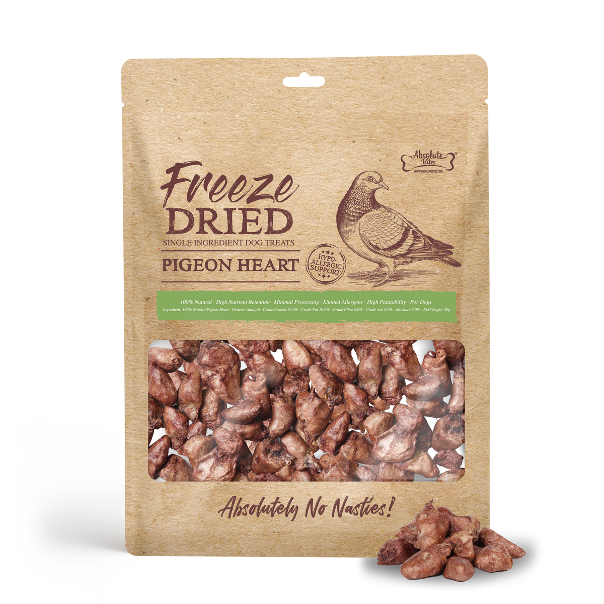 Absolute Bites Single Ingredient Freeze Dried Treats For Dogs - Pigeon Heart (50g)
