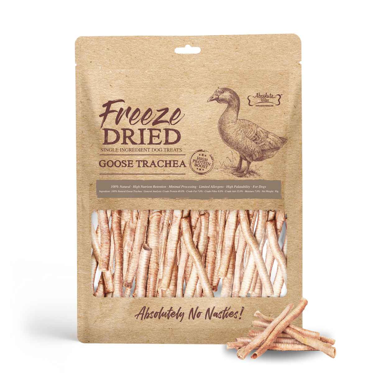 Absolute Bites Single Ingredient Freeze Dried Treats For Dogs - Goose Trachea (30g)