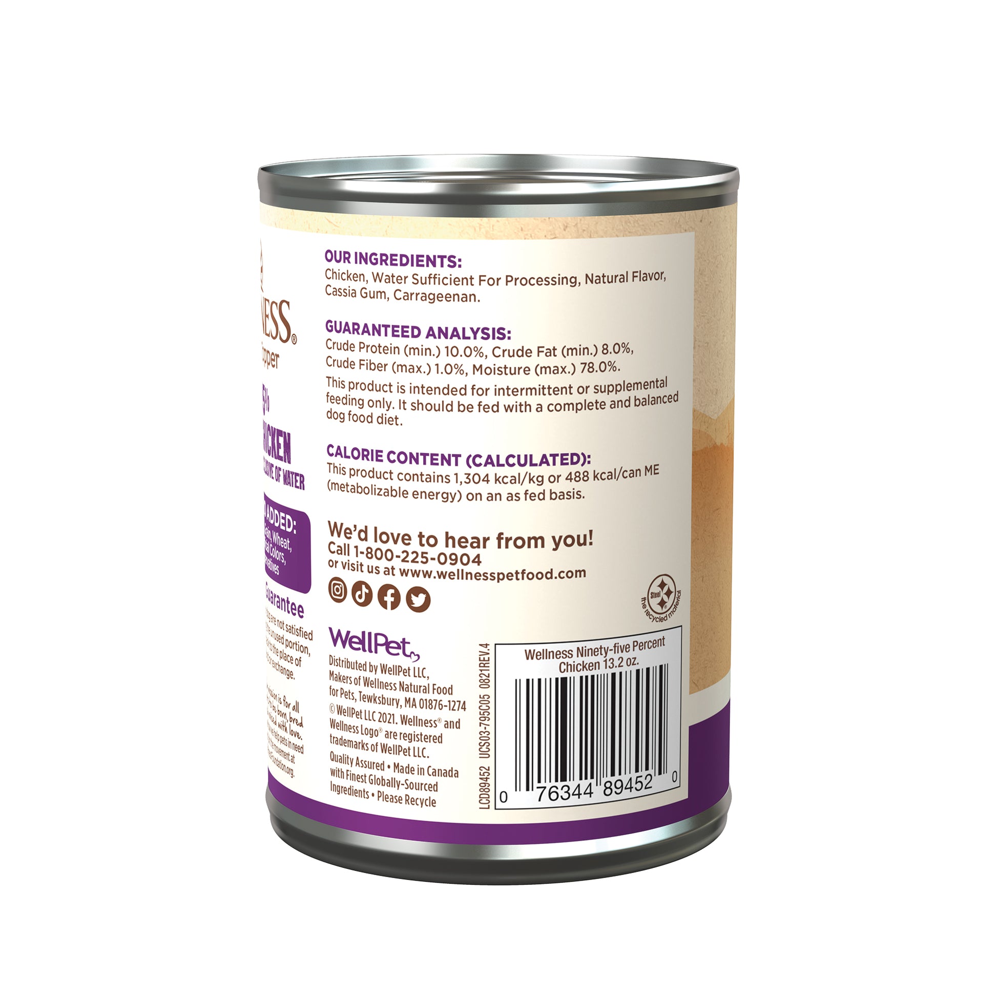 Wellness 95% Chicken Recipe Wet Dog Food 13.2oz can with nutritional info and ingredients.